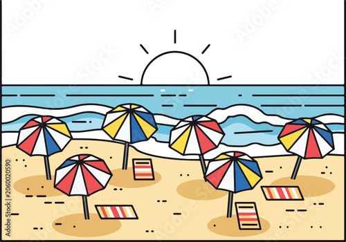 Konstfotografi A beach scene with colorful umbrellas and sun loungers