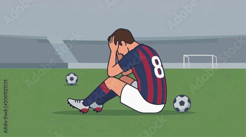 Sad soccer player sitting on grass after defeat, isolated flat vector