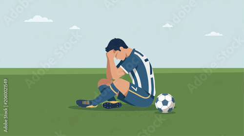 Sad soccer player sitting on grass after defeat, isolated flat vector