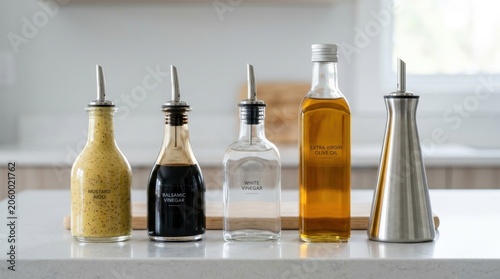 Assorted gourmet oil and vinegar bottles arranged on a kitchen countertop