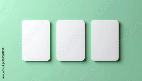 Three empty trading cards with rounded corners on pastel green backdrop, minimal mockup design, modern collectible concept, close-up.