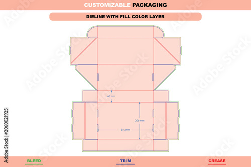 Flip box dieline template with light pink fill, featuring green bleed lines, blue trim lines, and red dashed crease lines with dimension labels