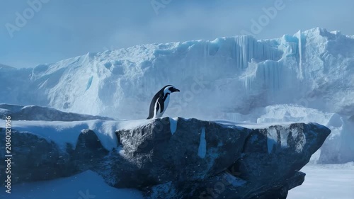 Penguin standing on a rocky ice formation in a snowy landscape. Symbolizes resilience and adaptation in harsh environments