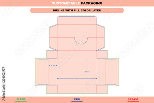 Flip box dieline template with dimensions, featuring bleed, trim, and crease lines in a layout for packaging and printing