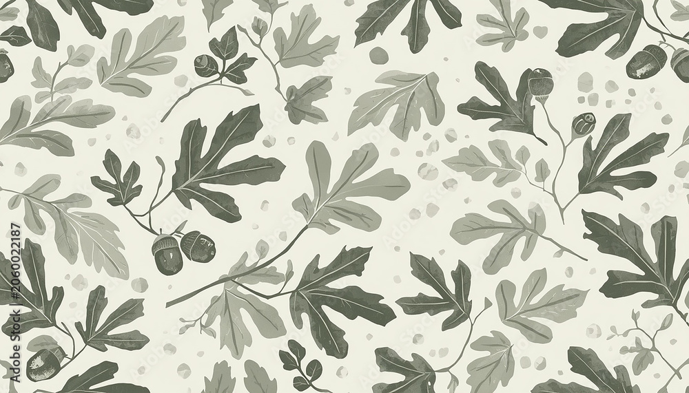 Fototapeta premium Seamless autumn-inspired botanical pattern with oak leaves, maple leaves, and seasonal accents.