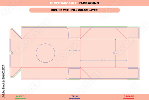Folding box dieline template with window cutout, featuring precise measurement annotations, color-coded bleed, trim, and crease lines for packaging layout