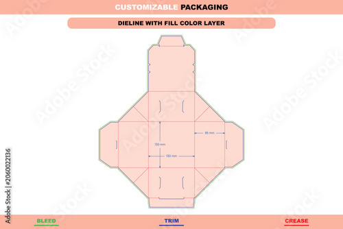 Folding box dieline template with fill color layer, featuring labeled bleed, trim, and crease lines with dimension measurements in millimeters