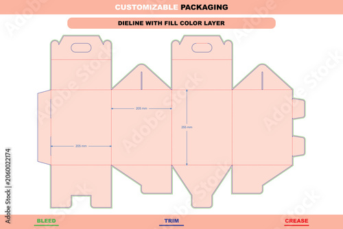 Gable box dieline template with carrying handle, featuring 205mm by 255mm dimensions, bleed, trim, and crease lines in a flat layout
