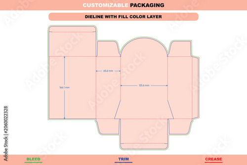 Foreboard tuck end box dieline template with fill color, including bleed, trim, and crease line indicators with dimension measurements