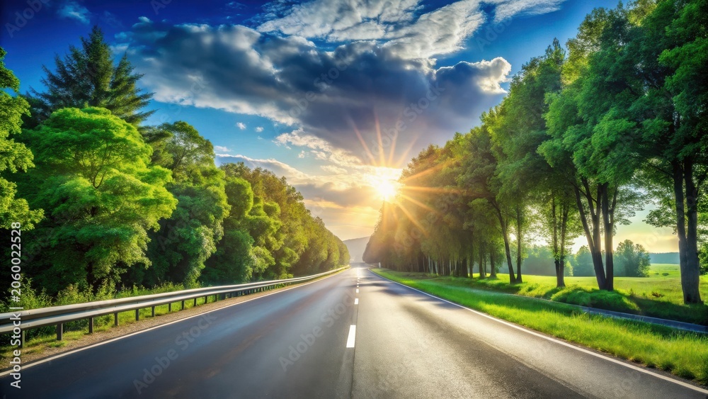 Fototapeta premium Asphalt road lined with lush green trees during a vibrant sunset, a picturesque journey toward a bright future