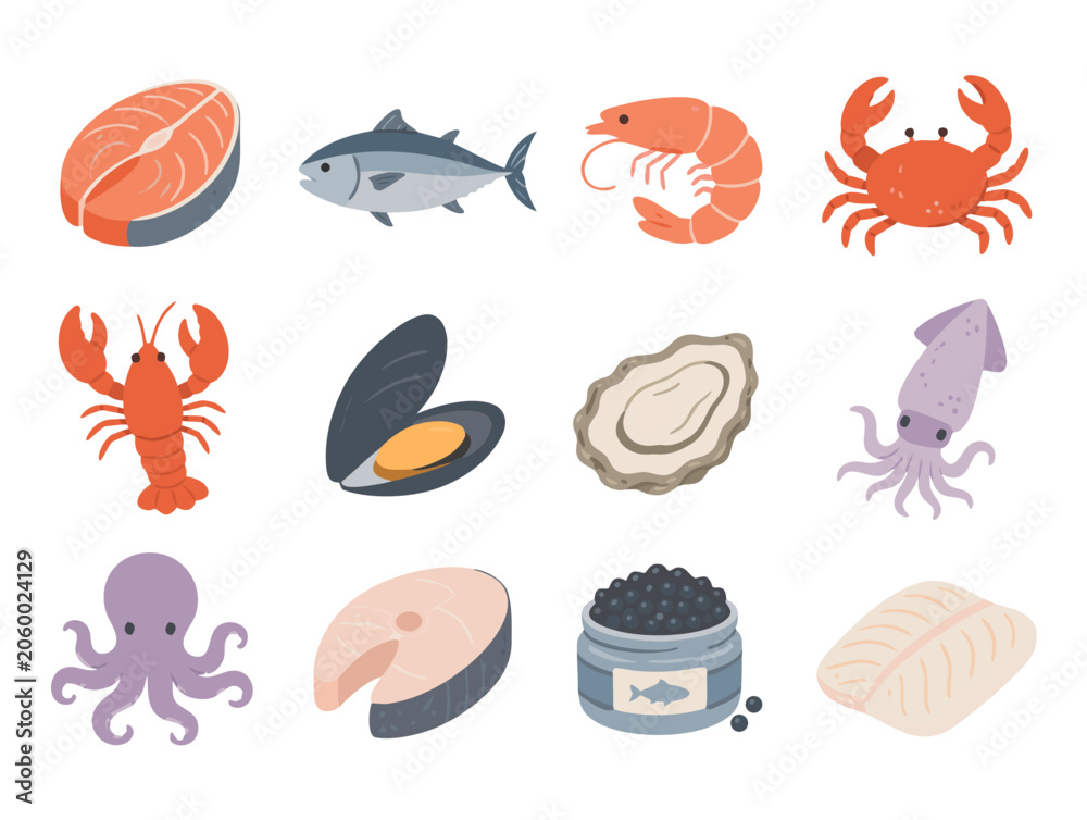 Obraz premium Seafood and fish flat icon set with crab shrimp oyster and octopus