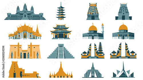 Illustrated icons of world landmarks and architectural styles