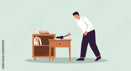 Illustration of a man finding a diamond on a desk in a minimalist setting