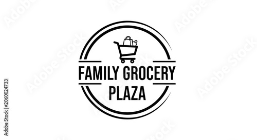 Minimalist black and white logo design for a family grocery store featuring a shopping cart icon and bold typography