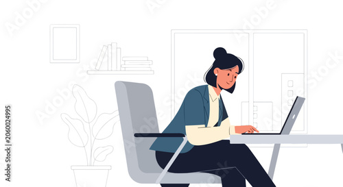 A professional woman sits at her desk in a modern office environment, focused on working on her laptop with a peaceful expression.