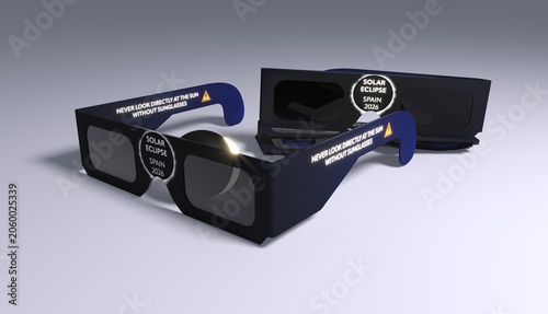 Cardboard solar eclipse telescope with warning text and Spain 2026 - 3D rendering