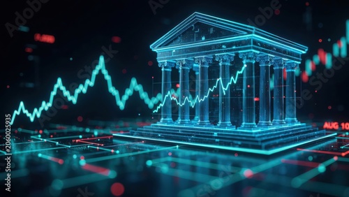 Digital bank building with glowing blue stock market growth chart on black background