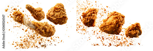 Crispy fried chicken pieces flying through the air with crumbs isolated on transparent background