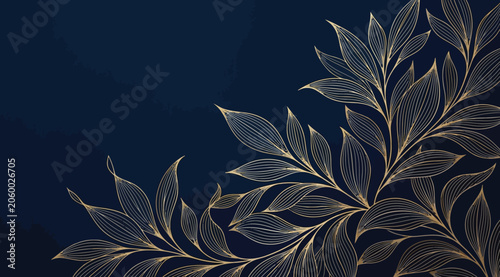 Foto Elegant gold botanical leaf pattern on a deep navy blue background