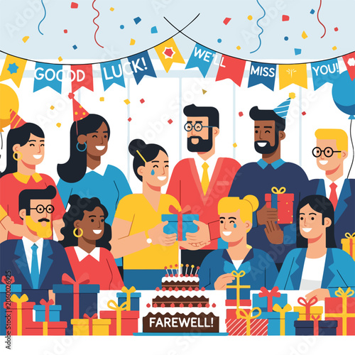 A colorful illustration of people celebrating a farewell party