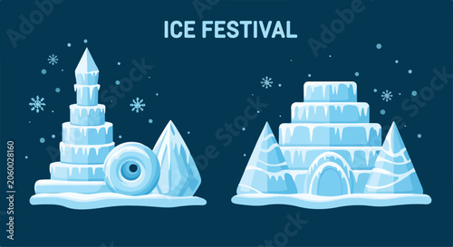 Fotografie Ice festival scene with snowflakes and ice sculptures