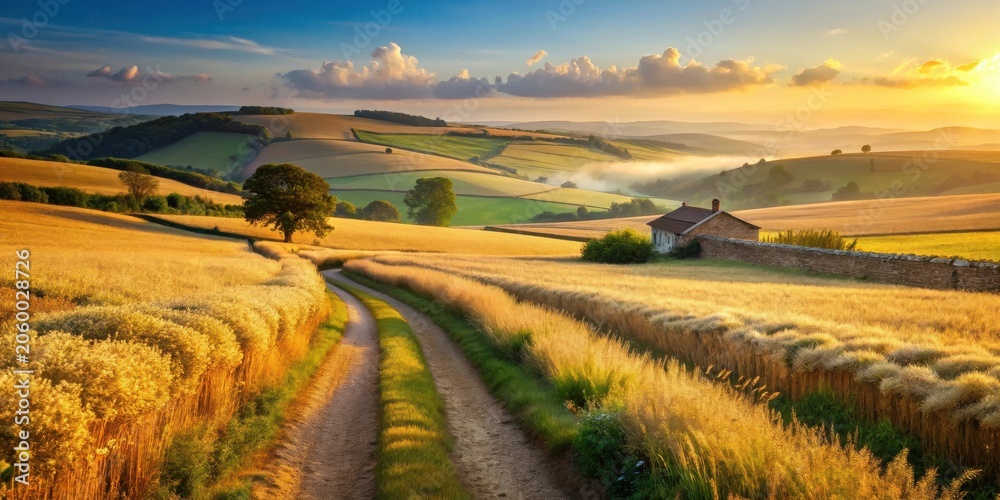 Fototapeta premium Golden Hour Countryside Serene Farmhouse Beside a Winding Dirt Road Through Rolling Fields of Wheat at Sunset