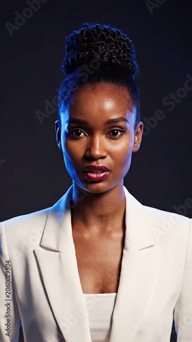 African american woman speaking to camera. Professional presenter in white blazer gives a talk. Business communication and speech concept for corporate presentation.