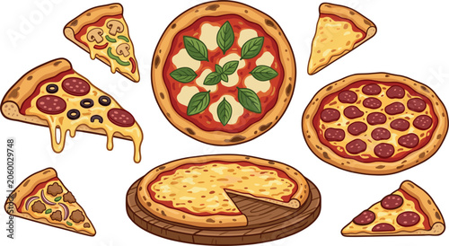 Hand drawn delicious pizza vector illustration set with pepperoni margarita mushroom slices and whole pizzas isolated on a white background