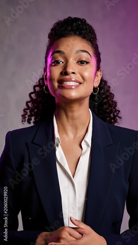Young woman with curly hair speaking to camera. Professional businesswoman in blue blazer giving presentation or speech. Corporate communication and career advice.