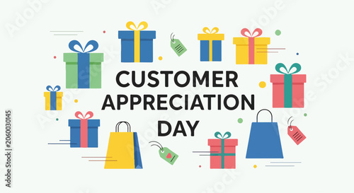 Tableau sur toile Colorful illustration of gifts and bags for Customer Appreciation Day