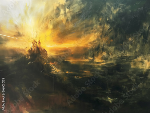 Dramatic oil painting of a fantasy castle on a hill during a bright glowing sunset explosion
