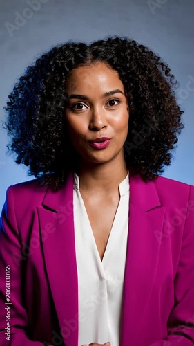 Woman with curly hair wearing a pink blazer speaking to camera. Professional businesswoman in formal attire communicating during a presentation or corporate interview.