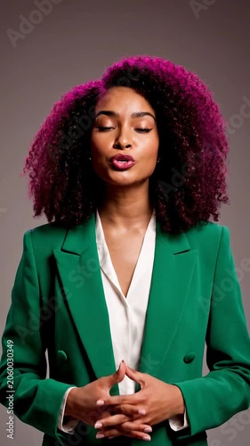 African american woman talking and gesturing towards camera. Business consultant giving presentation. Professional female speaker wearing green jacket explaining topic.