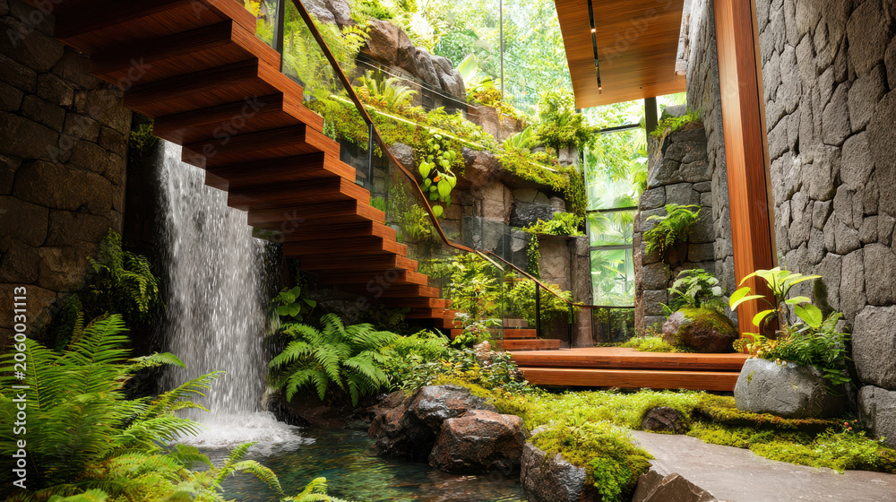Fototapeta premium Biophilic interior design features natural stone walls wooden staircase and lush green plants creating serene and refreshing