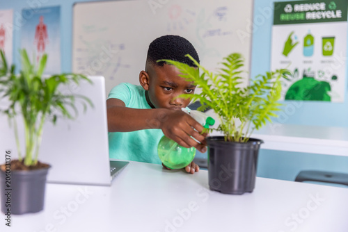 African American boy child watering black potted fern at classroom table with green spray bottle