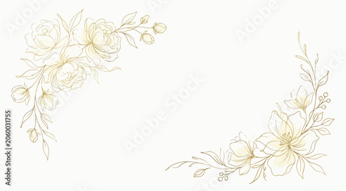 Obraz na plátně Beautiful golden floral corner frame, artistic botanical sketch with subtle wate