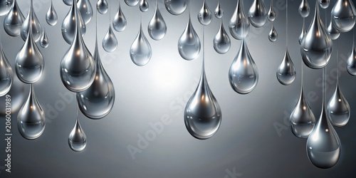 A cascade of polished metallic droplets, suspended in mid-air, reflects light with a gleaming, lustrous sheen