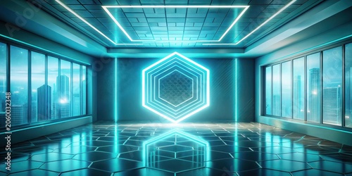 Modern Futuristic Room with Neon Hexagon Light Installation and City View