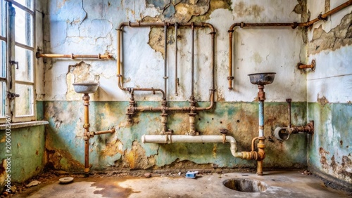 Rustic Interior with Aged Plumbing and Peeling Walls Reveals a Sense of Decay and Time
