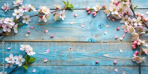 Delicate Spring Blossoms Arranged on Rustic Weathered Blue Wooden Planks