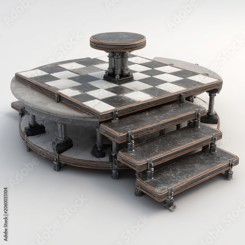 Abstract layered chess board design with wooden steps