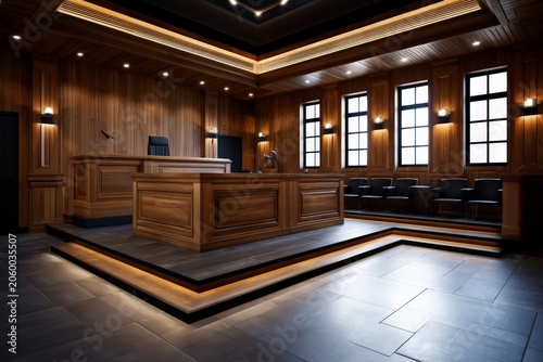 Elegant Wooden Courtroom Interior with Modern Lighting Design
