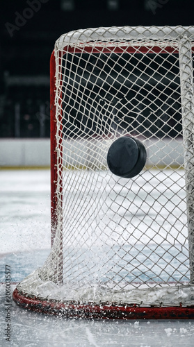 Action close-up of a hockey puck flying into the net with dramatic ice splashes, goal scored during a fast-paced sports game