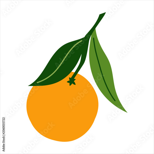 Single orange citrus fruit hanging on branch stem with green leaves. Ripe whole tangerine mandarin on tree twig for fresh organic juice label, natural food packaging and summer branding design.
