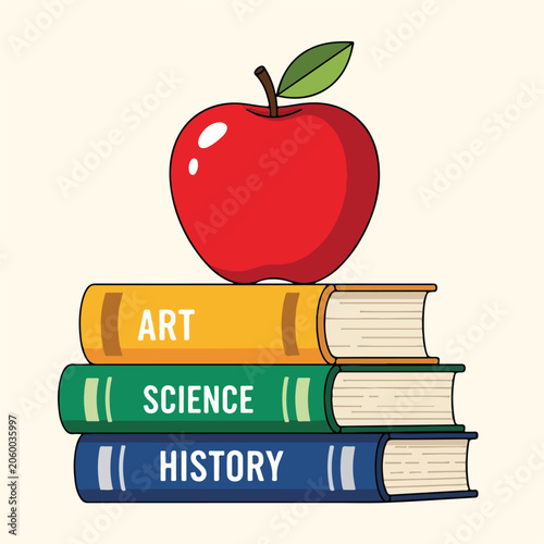 A stack of colorful books with an apple on top