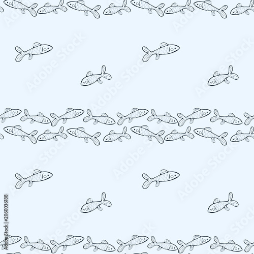 Minimalist seamless fish pattern. Hand drawn line art of small fish swimming in horizontal rows on a soft light blue background. Perfect for seafood restaurants, nursery decor and coastal stationery.