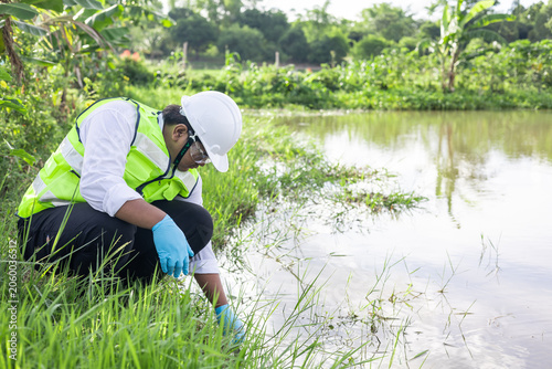 Tableau sur toile Environmental engineer collecting water samples for quality analysis in a rural wetland