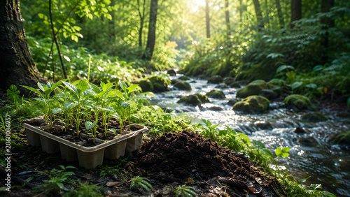 Small green seedlings in a biodegradable tray by a forest stream