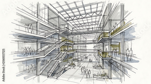Conceptual architectural design of a modern multi-level commercial building showcasing open space and interconnecting staircases
