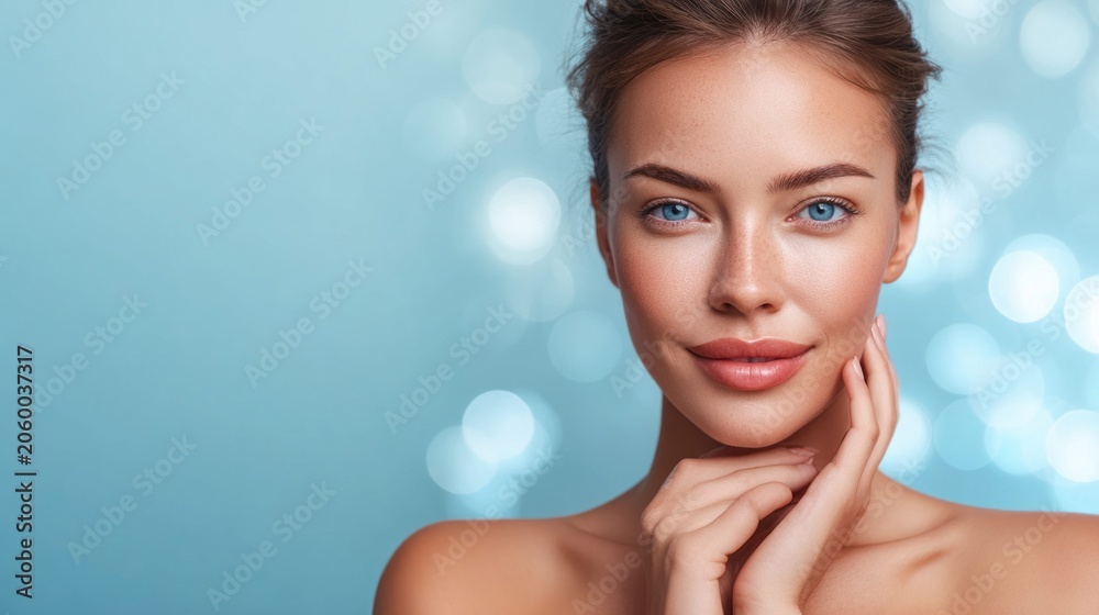Naklejka premium Beautiful woman with flawless skin and bright blue eyes, looking at the camera